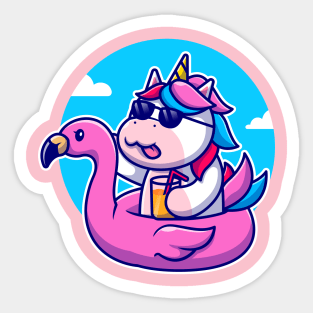 Cute Unicorn With Flamingo Swimming Tires Cartoon Sticker